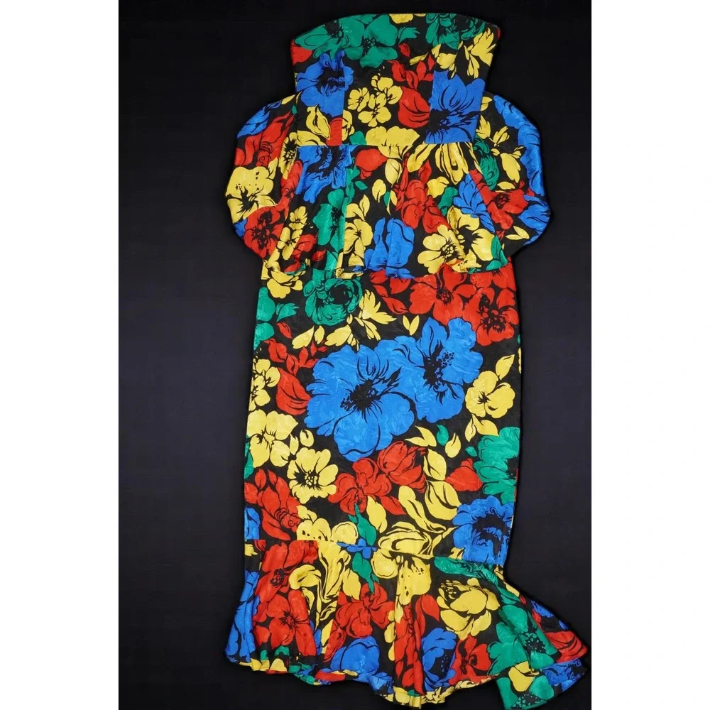 Vintage Mr. Blackwell 100% Silk Strapless Peplum Wiggle Dress – Multicolor Flora - Picture 8 of 10